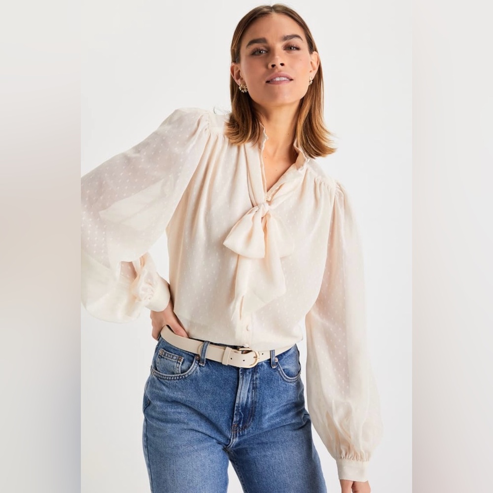 Lulus Elegant Cream Blouse with Bow Detail